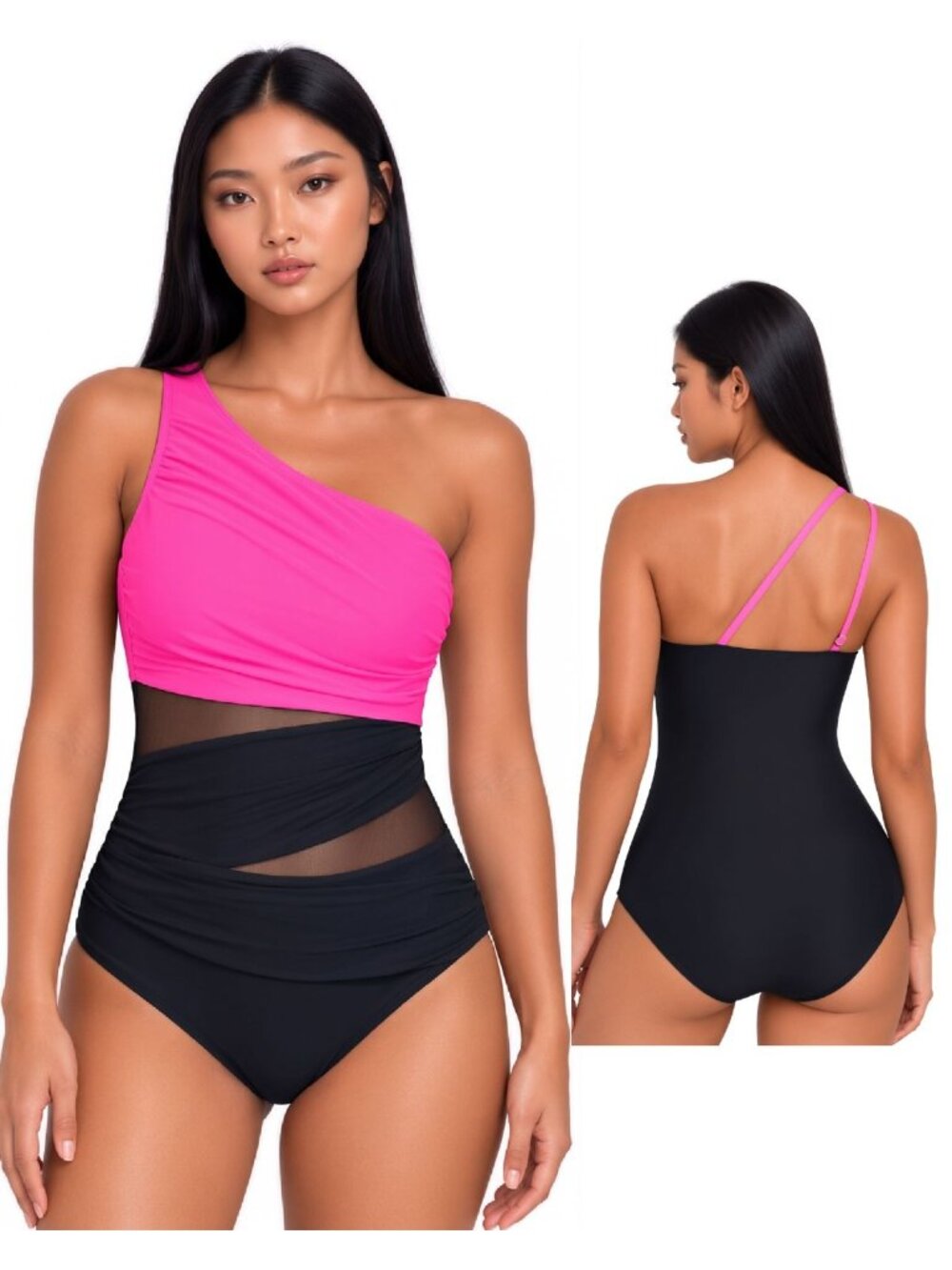 Aqua Eve XL Pink Black One Shoulder Mesh Tummy Control One Piece Swimsuit NWT
